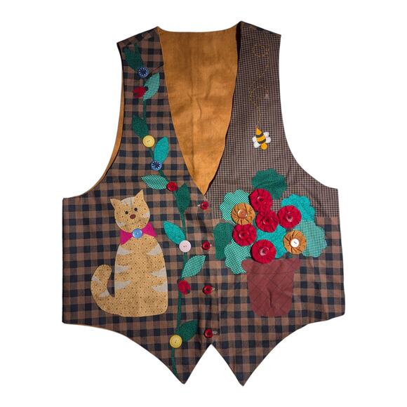 Vintage Jackets & Blazers - Vtg 1990s Handmade Brown Plaid Cat Floral Applique Novelty Button Up Vest XL